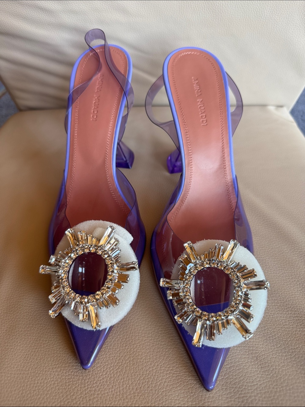 Amina Muaddi Purple Jeweled Pointed-Toe Slingbacks